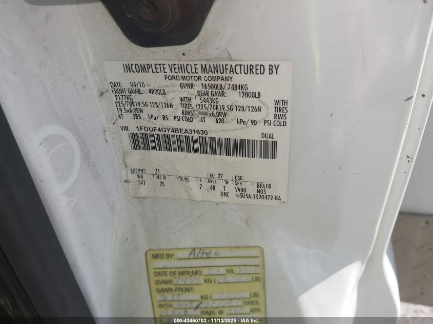 2011 Ford F-450 Chassis Xl VIN: 1FDUF4GY4BEA31630 Lot: 43460703