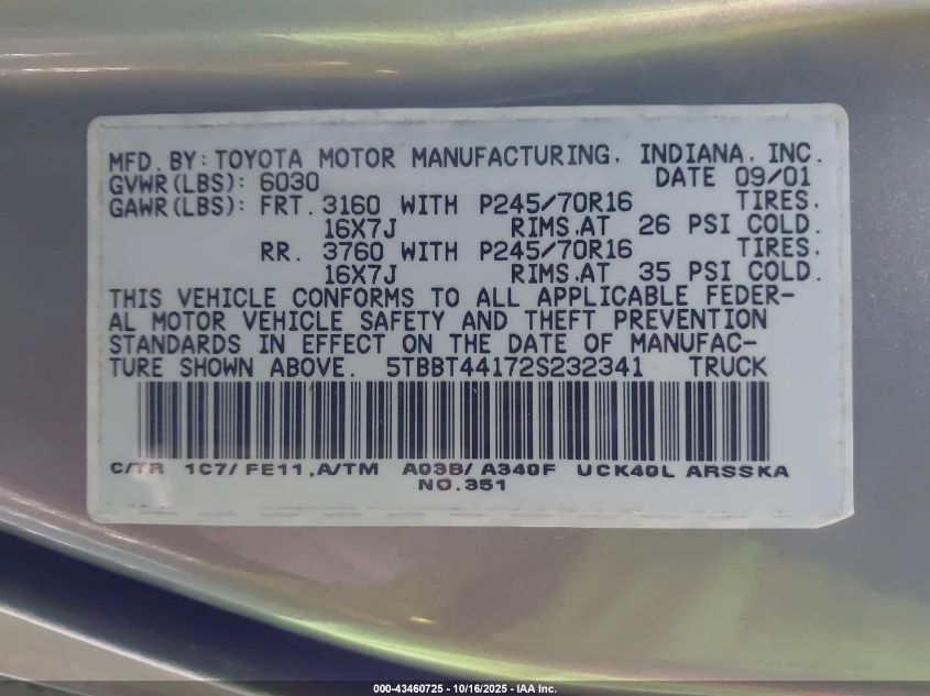 2002 Toyota Tundra Sr5 V8 VIN: 5TBBT44172S232341 Lot: 43460725