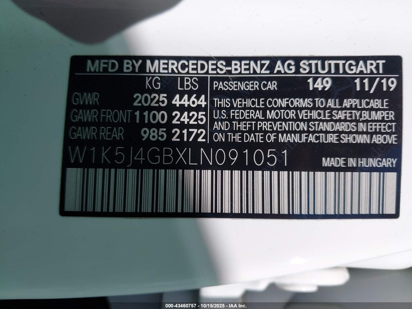 2020 MERCEDES-BENZ CLA 250 W1K5J4GBXLN091051