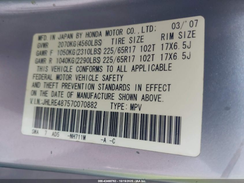 2007 Honda Cr-V Ex-L VIN: JHLRE48757C070882 Lot: 43460763