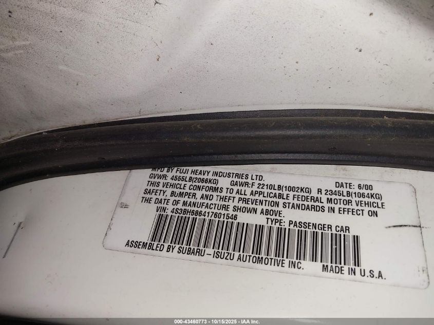 2001 Subaru Outback Limited VIN: 4S3BH686417601546 Lot: 43460773