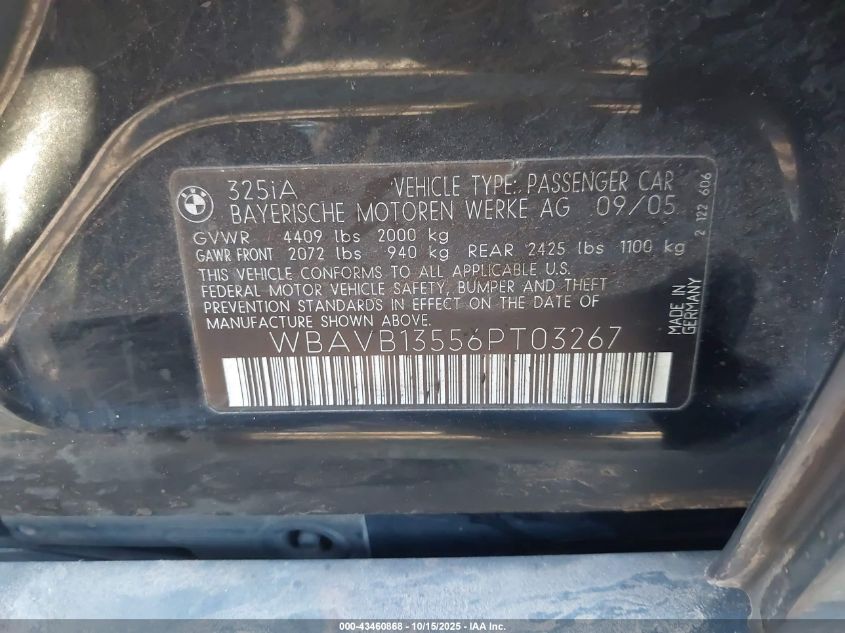 2006 BMW 325I VIN: WBAVB13556PT03267 Lot: 43460868