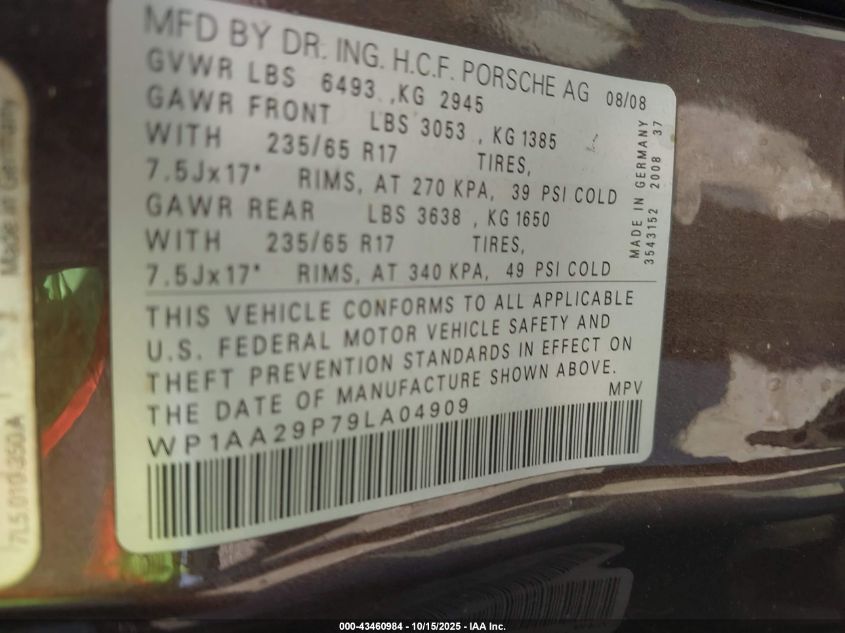 2009 Porsche Cayenne VIN: WP1AA29P79LA04909 Lot: 43460984