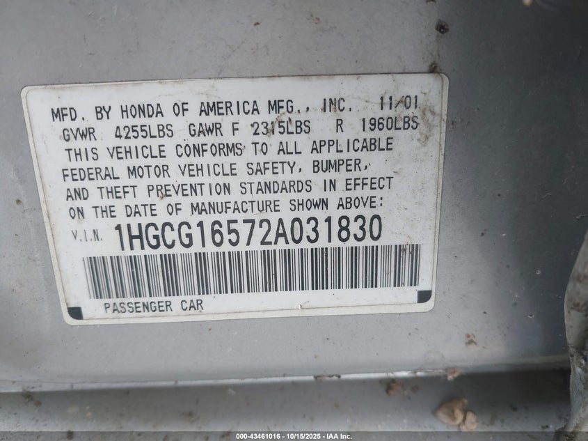 1HGCG16572A031830 2002 HONDA ACCORD photo no. 9