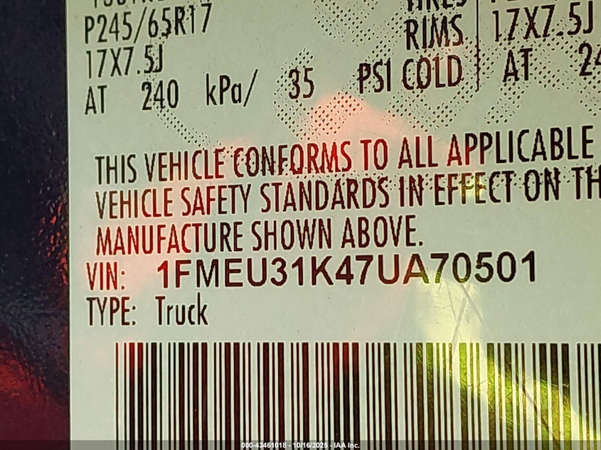 1FMEU31K47UA70501 2007 FORD EXPLORER SPORT TRAC photo no. 9
