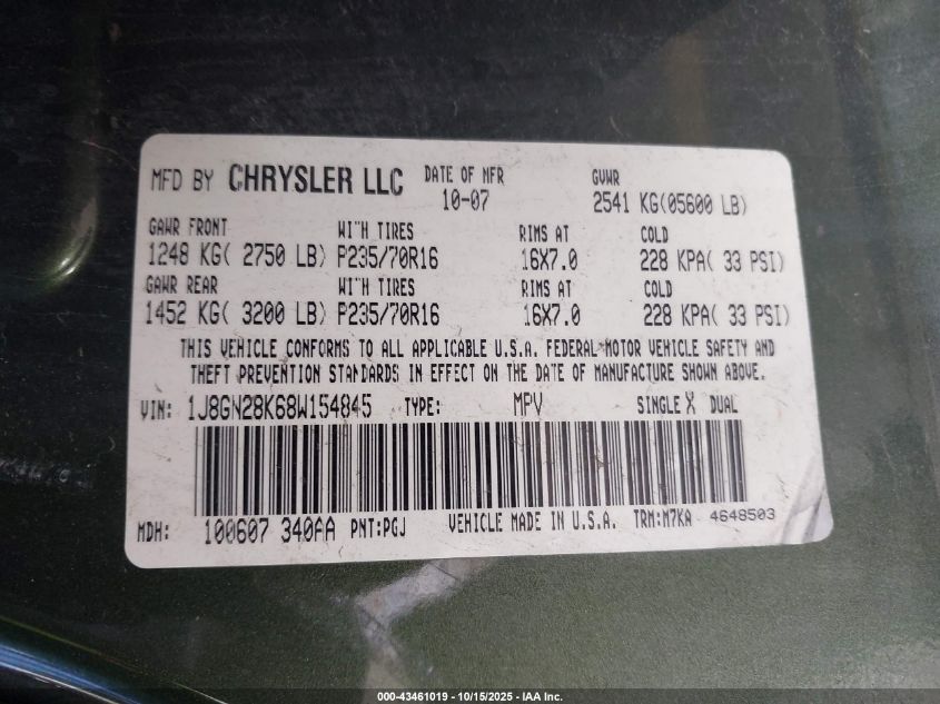 2008 Jeep Liberty Sport VIN: 1J8GN28K68W154845 Lot: 43461019