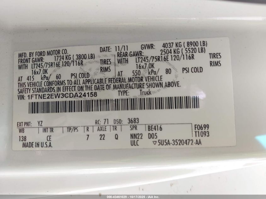 2012 Ford E-250 Commercial VIN: 1FTNE2EW3CDA24158 Lot: 43461029