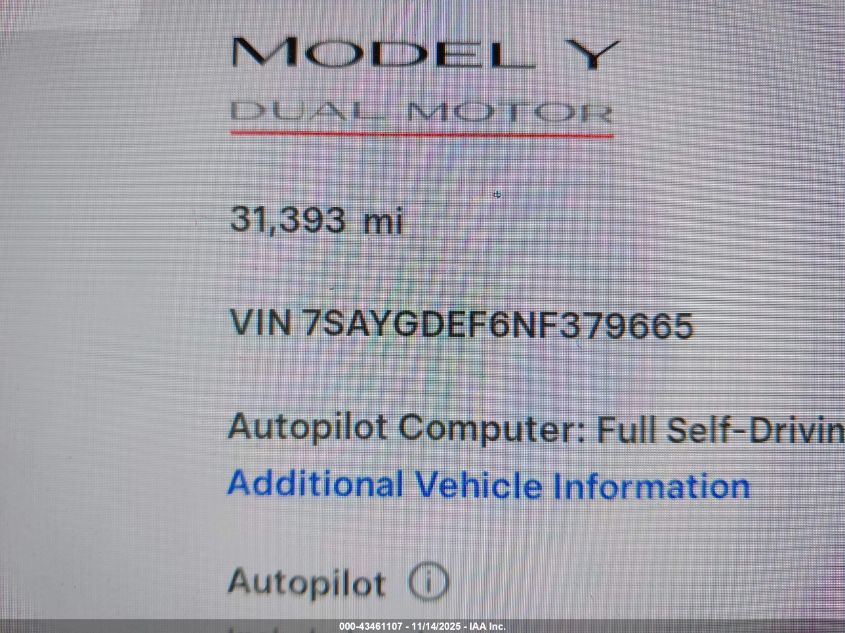 2022 Tesla Model Y Performance Dual Motor All-Wheel Drive VIN: 7SAYGDEF6NF379665 Lot: 43461107