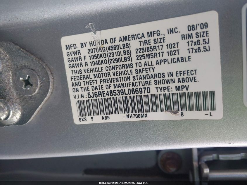 2009 Honda Cr-V Ex VIN: 5J6RE48539L066970 Lot: 43461109