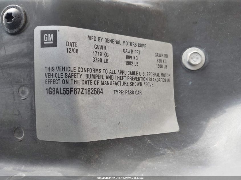 2007 Saturn Ion 3 VIN: 1G8AL55F87Z182584 Lot: 43461132