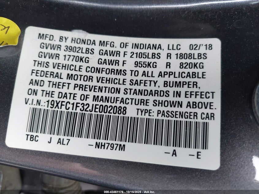 2018 HONDA CIVIC EX-T 19XFC1F32JE002088