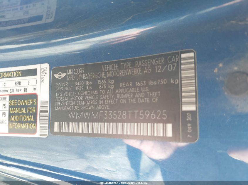 2008 Mini Cooper VIN: WMWMF33528TT59625 Lot: 43461257