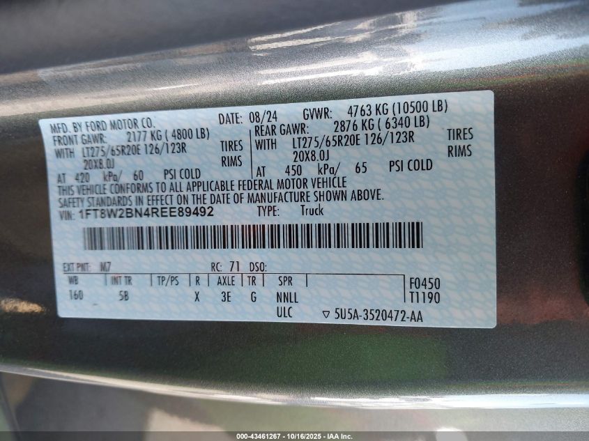 2024 Ford F-250 Lariat VIN: 1FT8W2BN4REE89492 Lot: 43461267