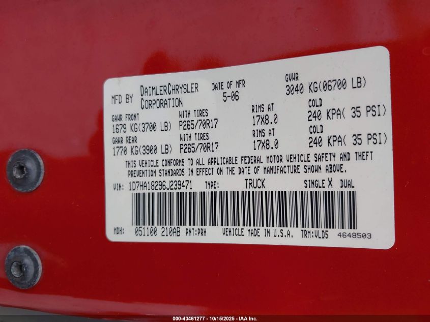 2006 Dodge Ram 1500 Laramie VIN: 1D7HA18296J239471 Lot: 43461277