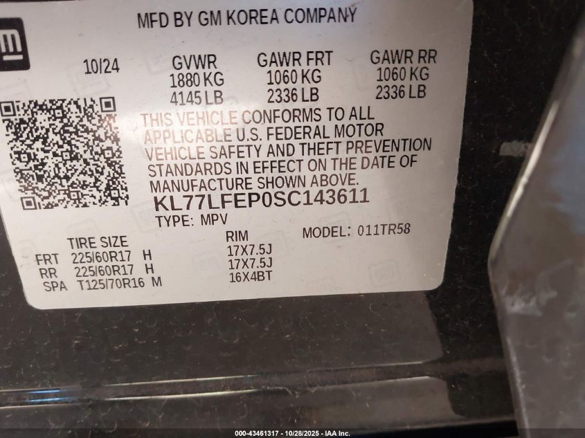 2025 Chevrolet Trax Fwd Ls VIN: KL77LFEP0SC143611 Lot: 43461317