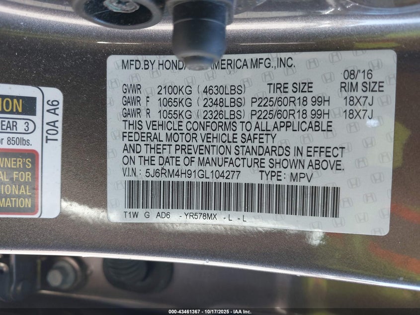 2016 HONDA CR-V TOURING 5J6RM4H91GL104277