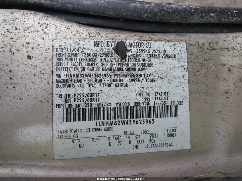 2005 Lincoln Town Car Signature Limited VIN: 1LNHM82W45Y625965 Lot: 43461395