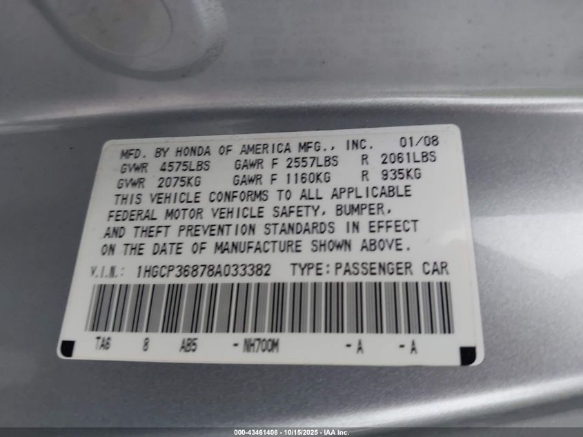 2008 Honda Accord 3.5 Ex-L VIN: 1HGCP36878A033382 Lot: 43461408