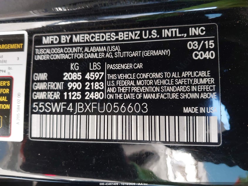 2015 MERCEDES-BENZ C 300 55SWF4JBXFU056603