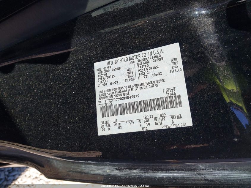 1999 Ford F-150 Work Series/Xl/Xlt VIN: 1FTZF1720XNB45572 Lot: 43461417