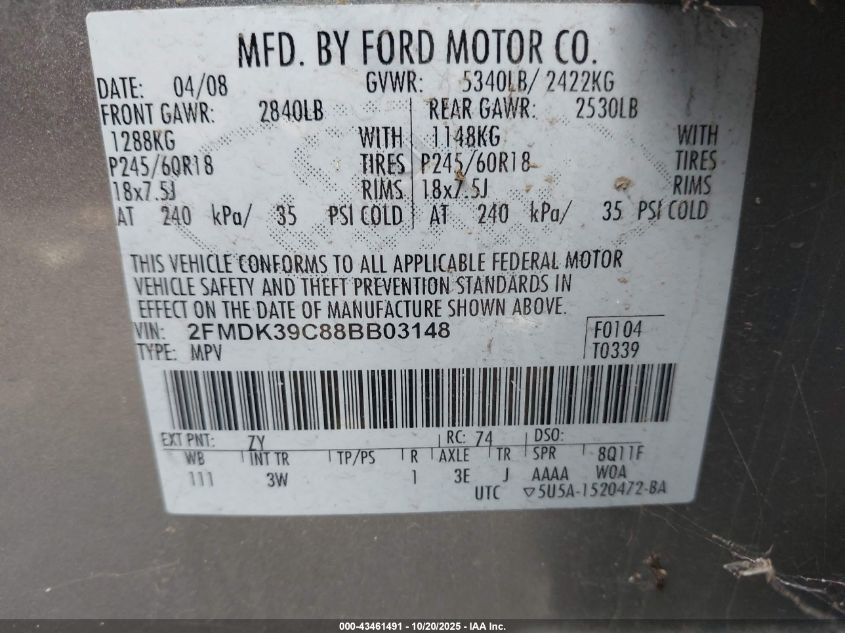 2008 Ford Edge Limited VIN: 2FMDK39C88BB03148 Lot: 43461491