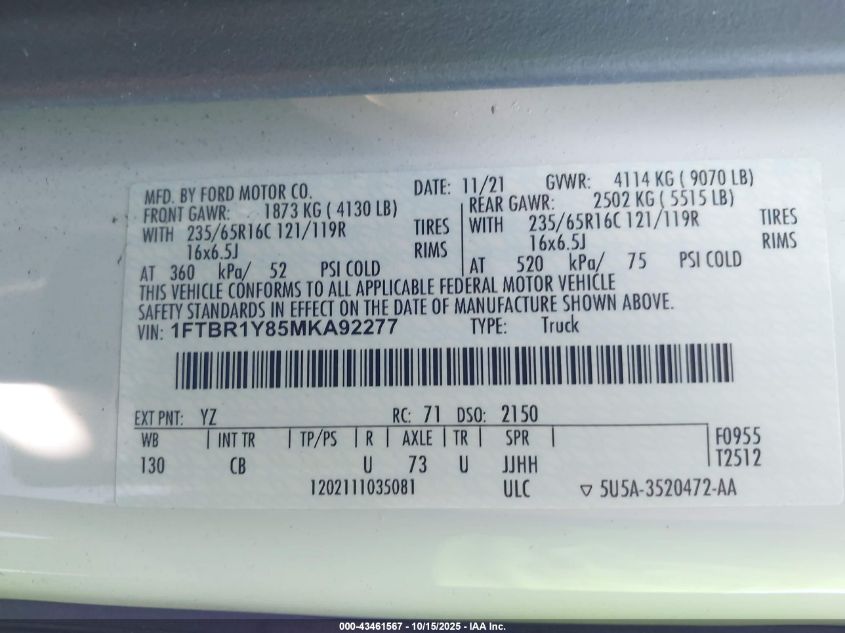 2021 Ford Transit-250 VIN: 1FTBR1Y85MKA92277 Lot: 43461567