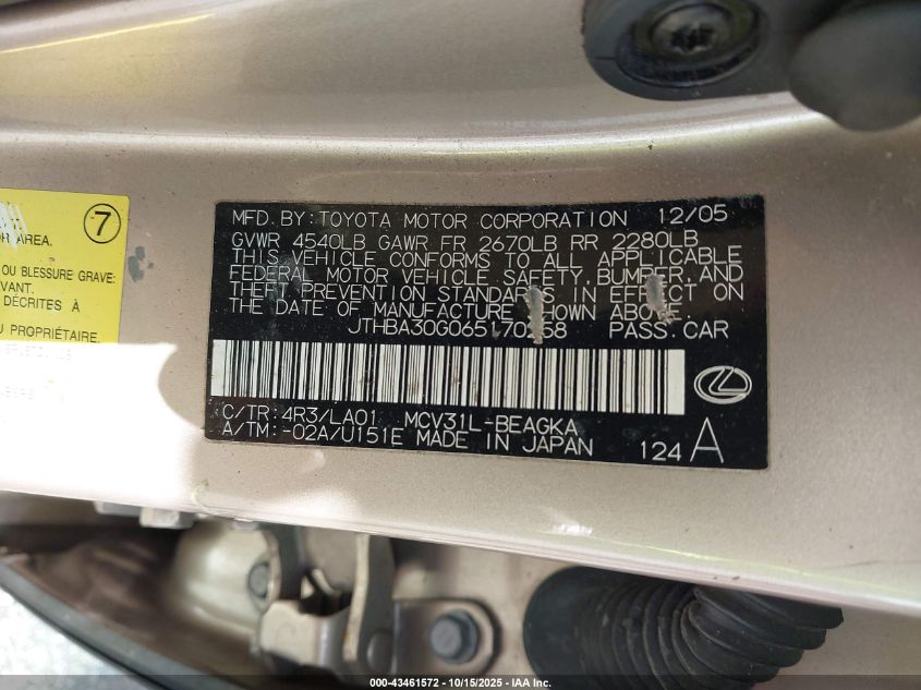 2006 Lexus Es 330 VIN: JTHBA30G065170258 Lot: 43461572