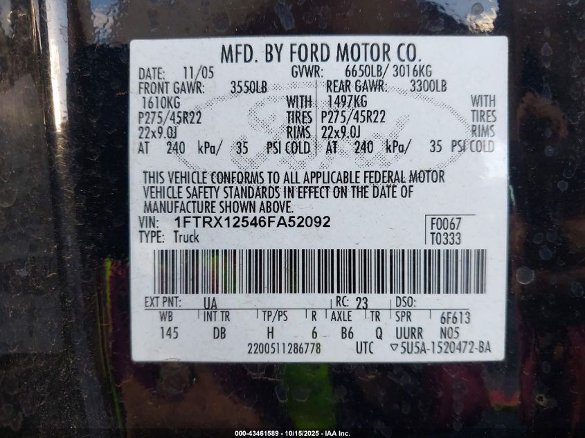 2006 Ford F-150 Lariat/Xl/Xlt VIN: 1FTRX12546FA52092 Lot: 43461589