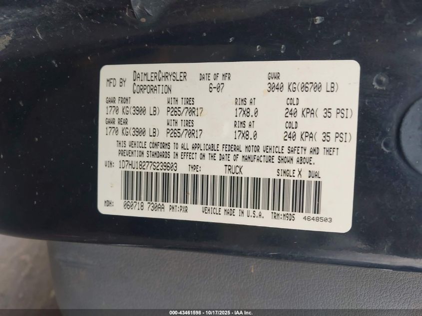 2007 Dodge Ram 1500 Slt/Trx4 Off Road/Sport VIN: 1D7HU18277S239603 Lot: 43461598