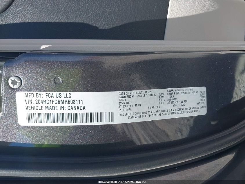 2021 Chrysler Pacifica Touring VIN: 2C4RC1FG6MR608111 Lot: 43461600