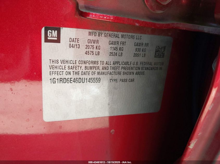 2013 Chevrolet Volt VIN: 1G1RD6E46DU145559 Lot: 43461613