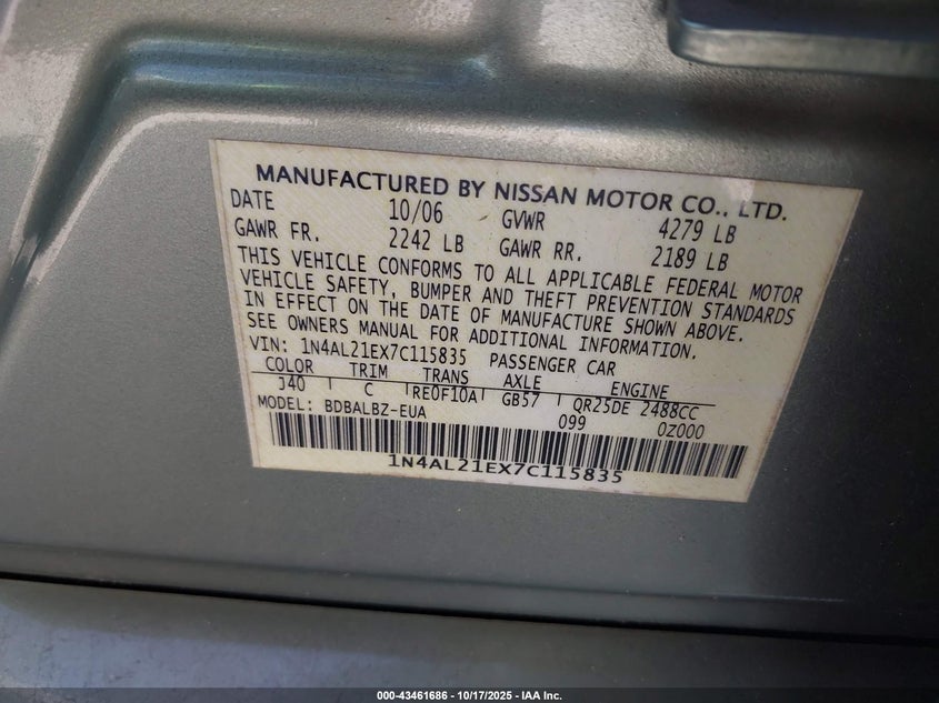 1N4AL21EX7C115835 2007 NISSAN ALTIMA photo no. 9