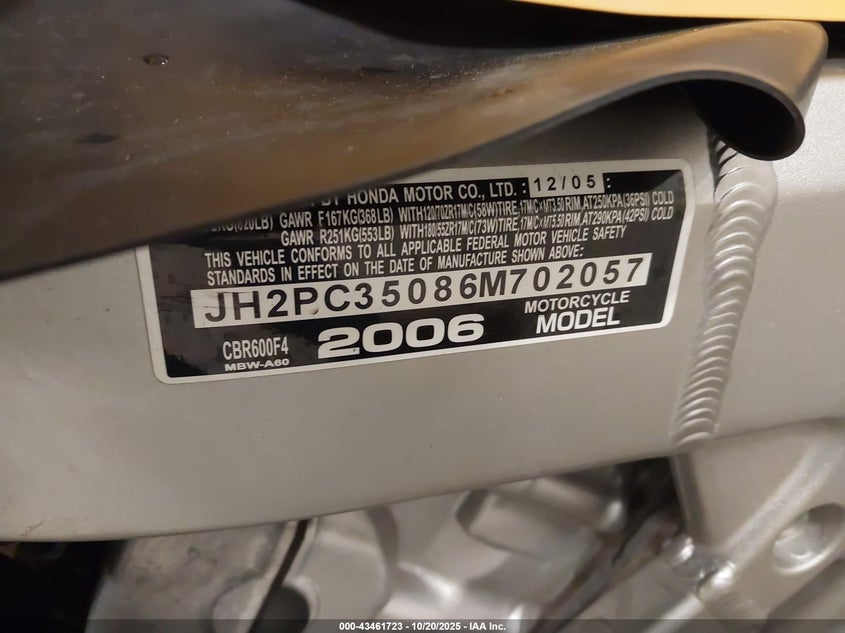 JH2PC35086M702057 2006 HONDA CBR photo no. 10