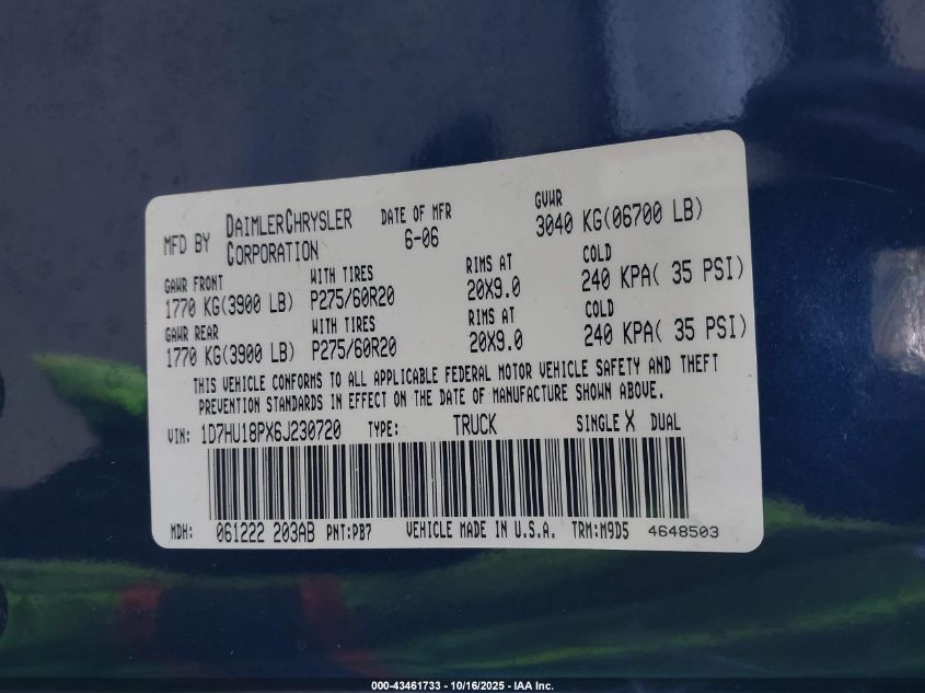 2006 Dodge Ram 1500 Slt/Trx4 Off Road/Sport VIN: 1D7HU18PX6J230720 Lot: 43461733