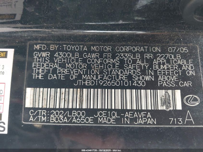 2005 Lexus Is 300 VIN: JTHBD192650101430 Lot: 43461739