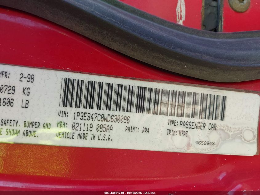 1998 Plymouth Neon Competition/Highline VIN: 1P3ES47C8WD630096 Lot: 43461740