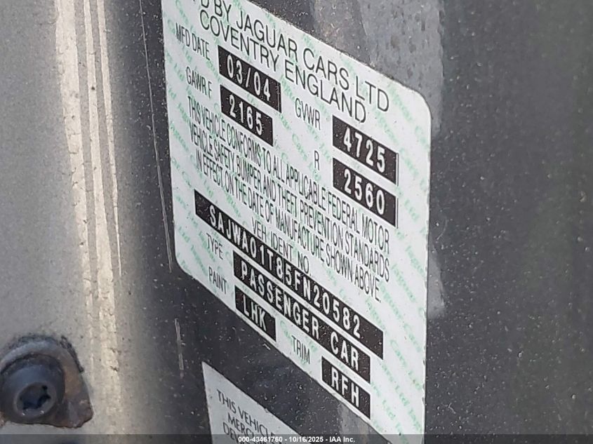 2005 Jaguar S-Type 3.0L V6 VIN: SAJWA01T85FN20582 Lot: 43461760