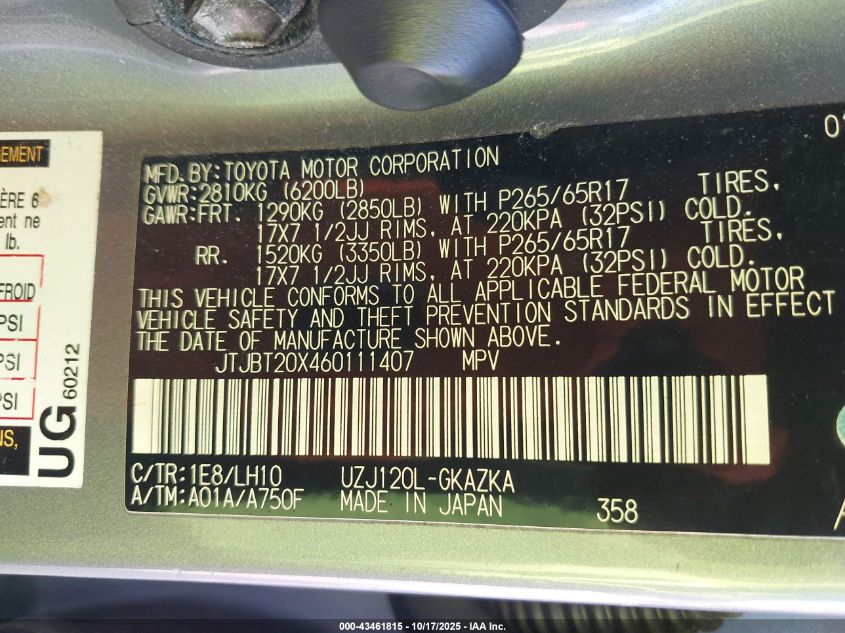 2006 Lexus Gx 470 VIN: JTJBT20X460111407 Lot: 43461815