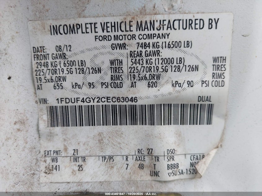 2012 Ford F-450 Chassis Xl VIN: 1FDUF4GY2CEC63046 Lot: 43461847