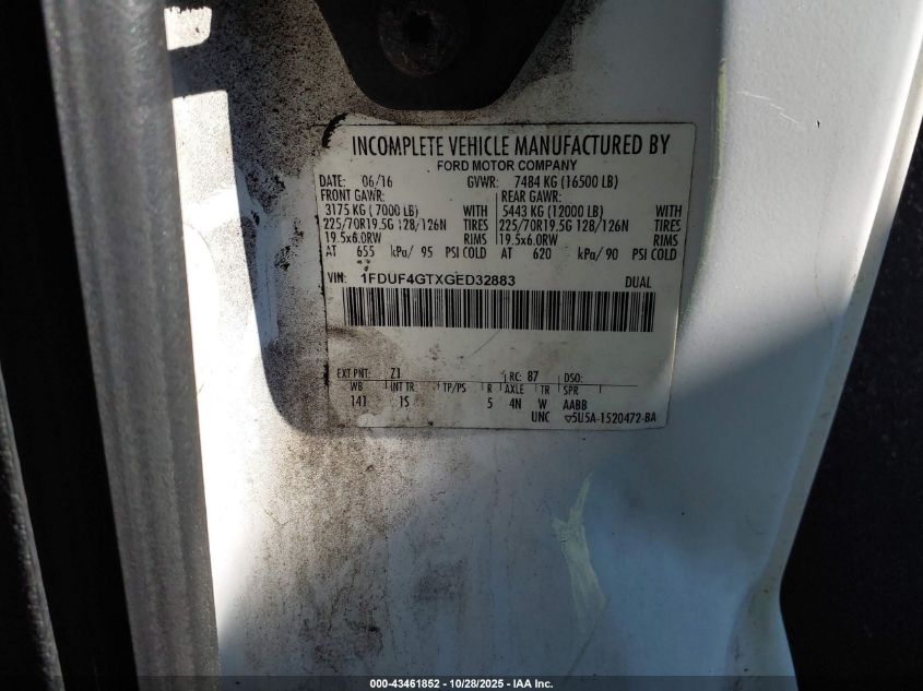 2016 Ford F-450 Chassis Xl VIN: 1FDUF4GTXGED32883 Lot: 43461852