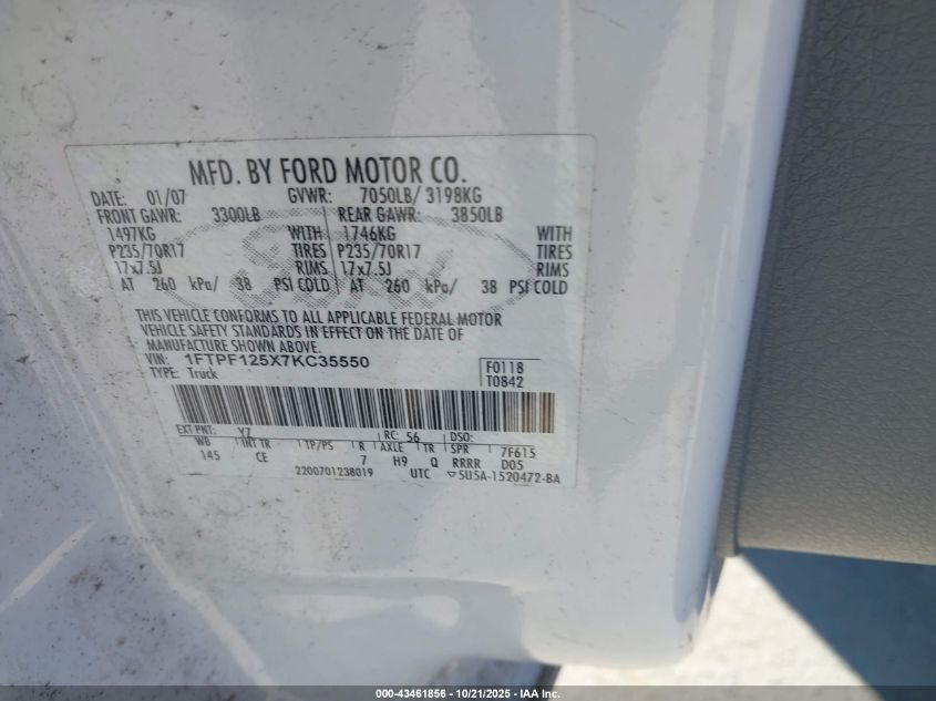 2007 Ford F-150 Xl/Xlt VIN: 1FTPF125X7KC35550 Lot: 43461856