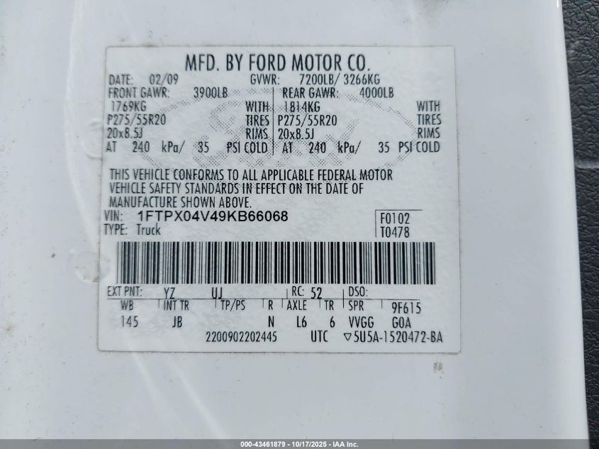 2009 Ford F-150 Fx4/Xlt VIN: 1FTPX04V49KB66068 Lot: 43461879