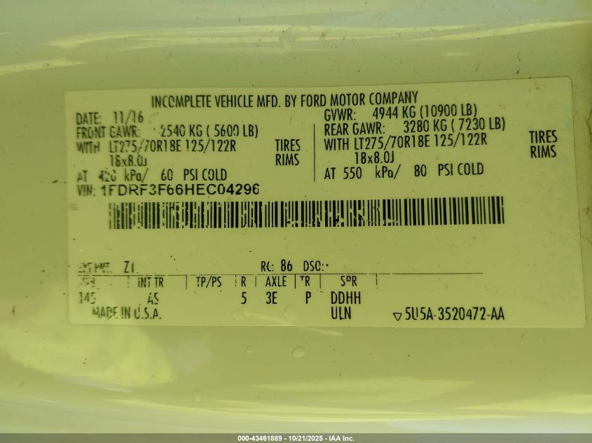 2017 Ford F-350 Chassis Xl VIN: 1FDRF3F66HEC04296 Lot: 43461889