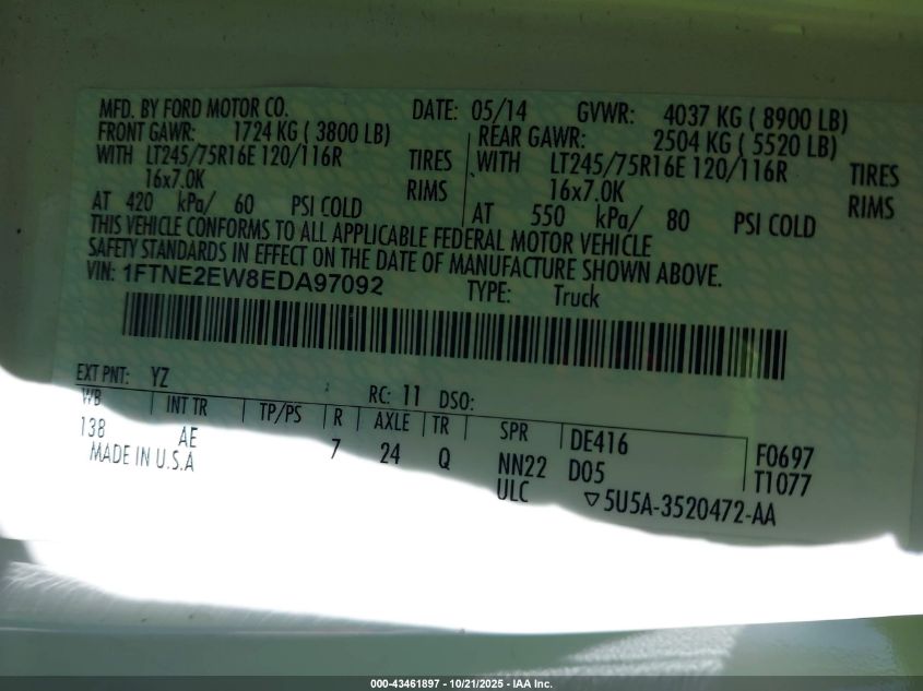 2014 Ford E-250 Commercial VIN: 1FTNE2EW8EDA97092 Lot: 43461897