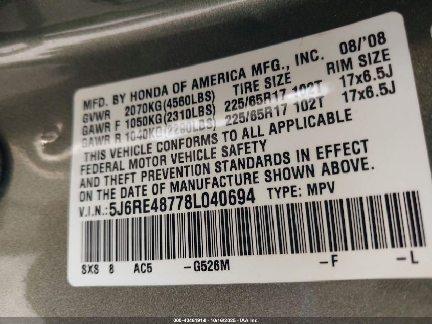 2008 Honda Cr-V Ex-L VIN: 5J6RE48778L040694 Lot: 43461914
