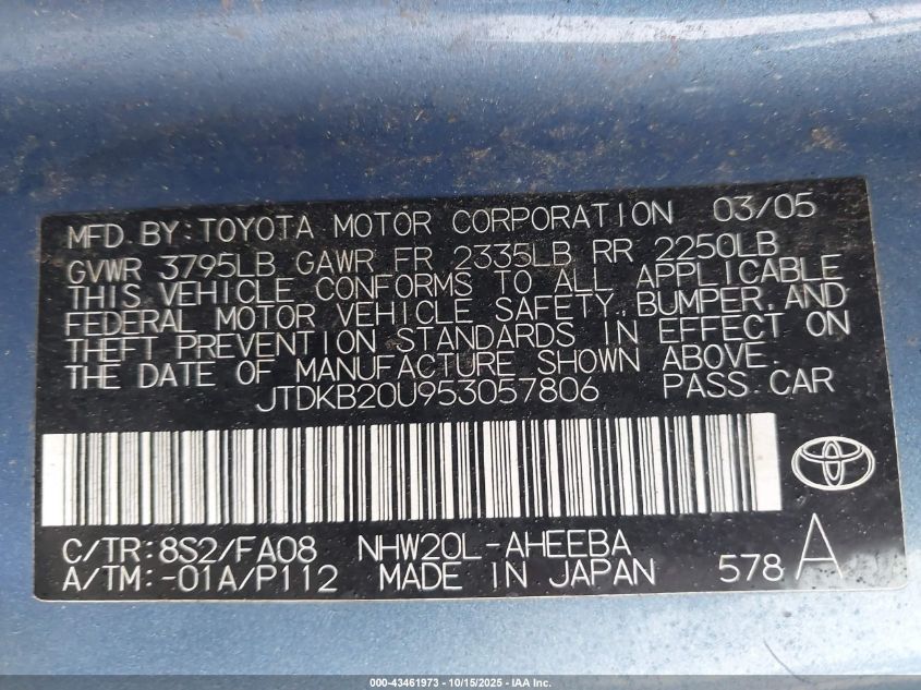 2005 Toyota Prius VIN: JTDKB20U953057806 Lot: 43461973