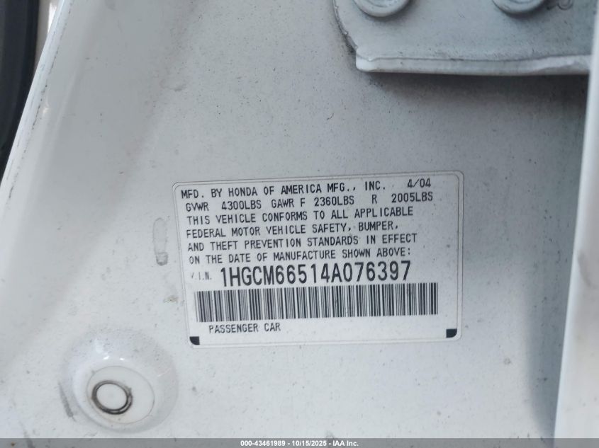 2004 Honda Accord 3.0 Ex VIN: 1HGCM66514A076397 Lot: 43461989