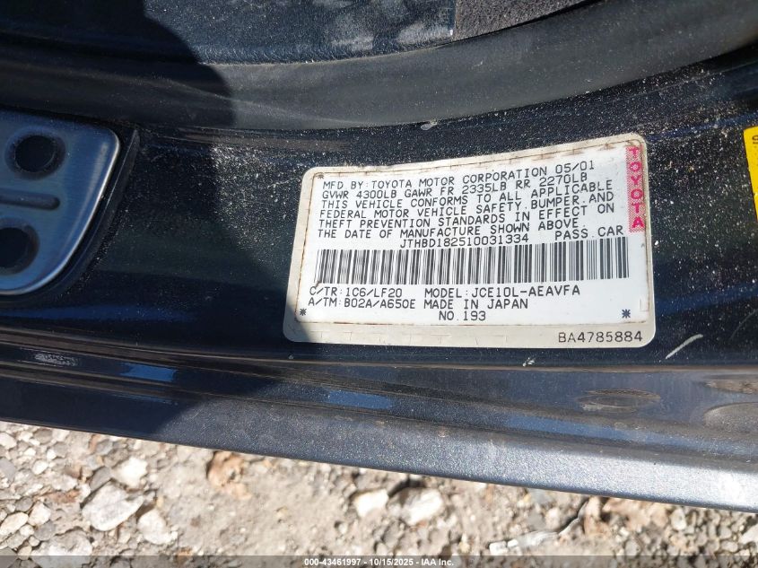 2001 Lexus Is 300 VIN: JTHBD182510031334 Lot: 43461997