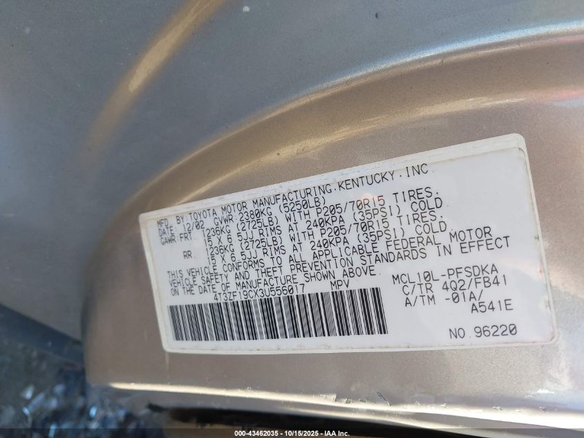 2003 Toyota Sienna Ce VIN: 4T3ZF19CX3U556017 Lot: 43462035