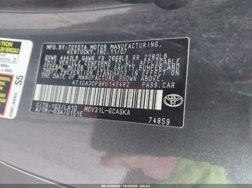 2008 Toyota Camry Solara Sle V6 VIN: 4T1CA30P98U145482 Lot: 43462049